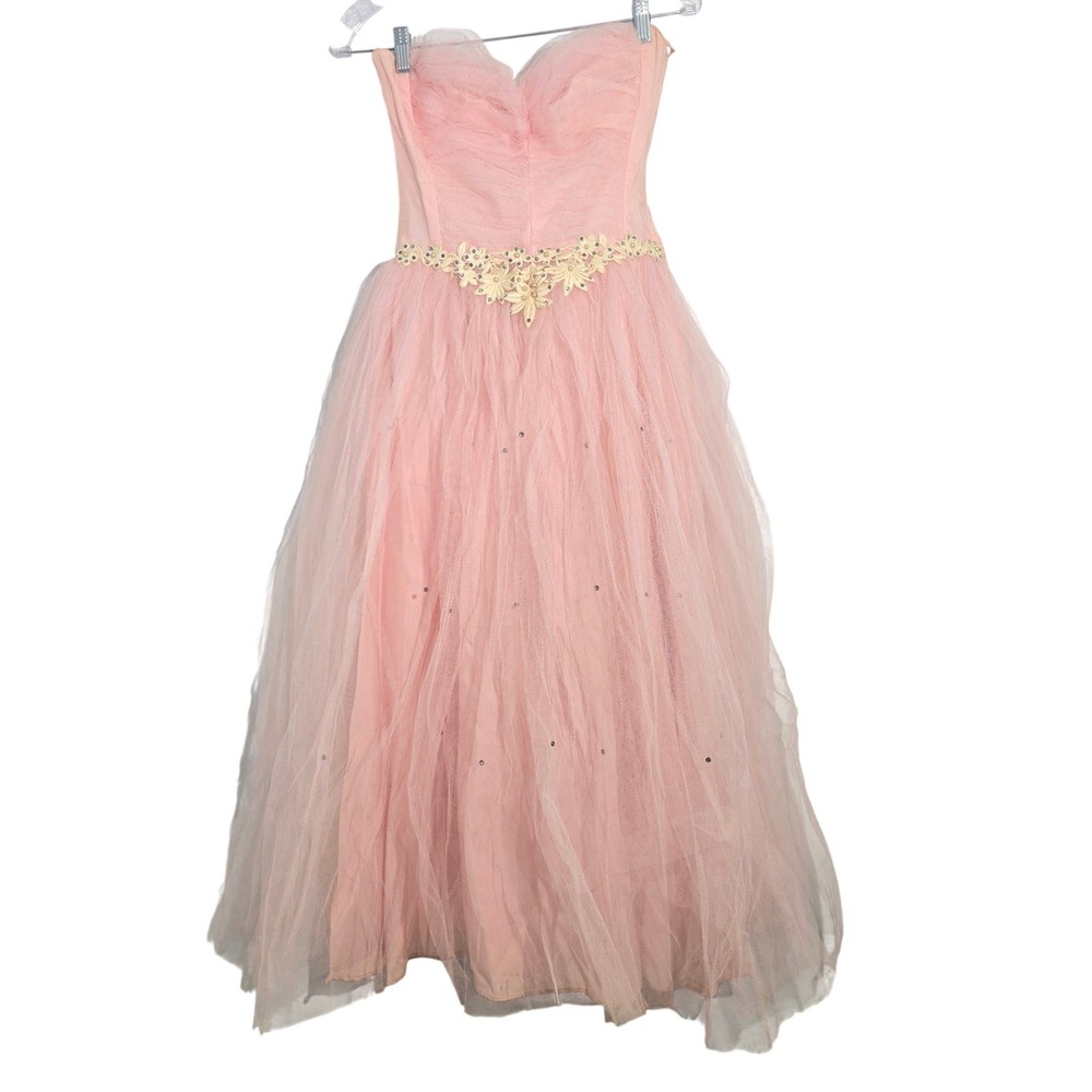 Vintage 1950s XS Pink Tulle Prom Dress Strapless Lace Waist Rhinestone Gown